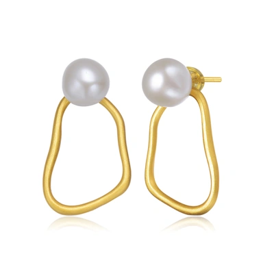 Genevive Sterling Silver Gold Plated Freshwater Round Pearl Drop Earrings