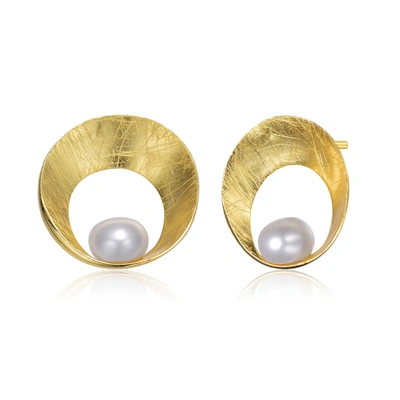 Genevive Sterling Silver Gold Plated Freshwater Round Pearl Stud Earrings
