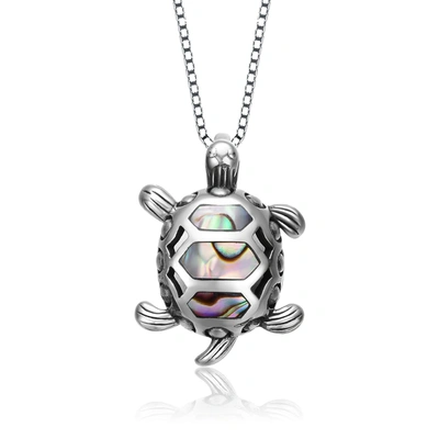 Genevive Sterling Rhodium Plated Abalone Turtle Pendant Necklace In Silver