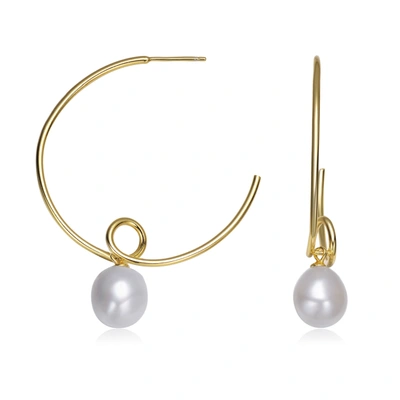 Genevive Sterling Silver Gold Plated Freshwater Round Pearl Hoop Earrings In White