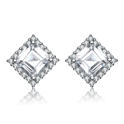 Rachel Glauber Ra White Gold Plated Cubic Zirconia Square Stud Earrings In Silver