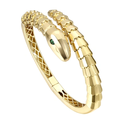 RACHEL GLAUBER RG 14K GOLD PLATED WITH EMERALD CUBIC ZIRCONIA TEXTURED COILED SERPENT BYPASS BANGLE BRACELET