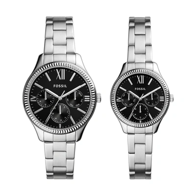 Fossil His And Her Multifunction Silver-tone Stainless Steel Watch Set, 42mm 36mm