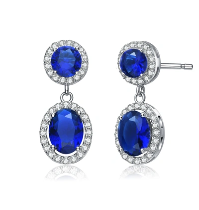 Genevive Sterling Silver With Sapphire & Diamond Cubic Zirconia Halo Two Stone Drop Earrings In Blue