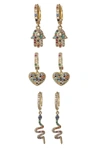 Eye Candy La Hamsa, Heart And Snake Earring Set In Multi