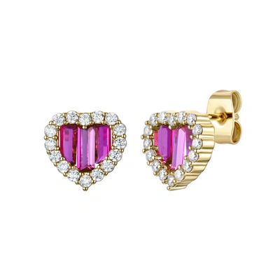Rachel Glauber Rg Young Adult 14k Gold Plated With Ruby & Diamond Cubic Zirconia Baguette Heart Halo Stud Earring