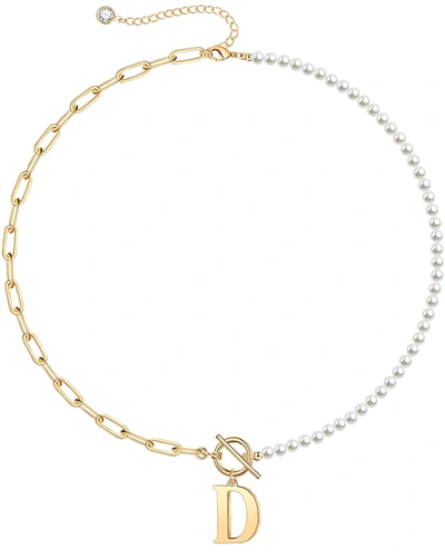 Rachel Glauber Rg  14k Gold Plated Initial Pearl Link Chain Necklace In White
