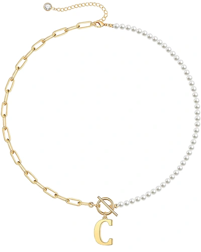 Rachel Glauber Rg  14k Gold Plated Initial Pearl Link Chain Necklace