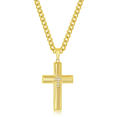 Blackjack Mens Stainless Steel Cz Cross Necklace - Gold Plated In Yellow