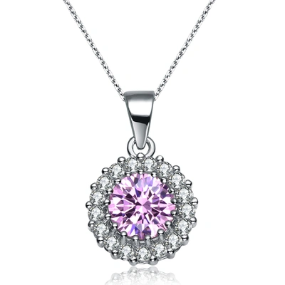 Genevive White Gold Plated With Fancy Pink & White Diamond Cubic Zirconia Halo Cluster Pendant Necklace