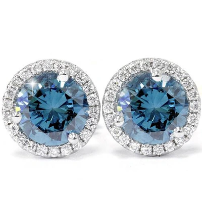 Pompeii3 2 1/10ct Blue & White Diamond Halo Studs 10k White Gold