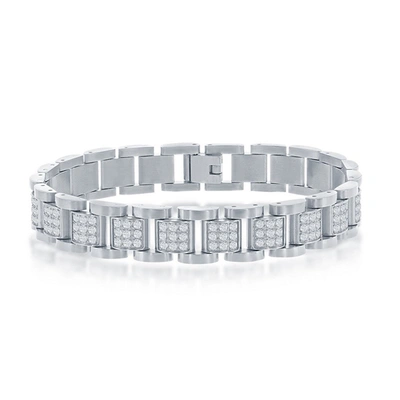 Blackjack Mens Stainless Steel Cz Square Link Bracelet In Silver