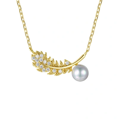RACHEL GLAUBER RG 14K GOLD PLATED WITH DIAMOND CUBIC ZIRCONIA & FAUX PEARL FERN LEAF PENDANT NECKLACE