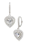 Savvy Cie Jewels Rhod. Plated White Cz Dangle Heart Earrings In Silver