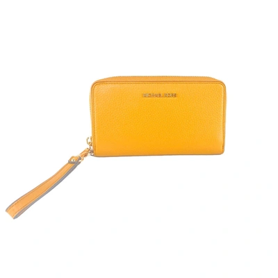 Michael Kors Jet Set Travel Large Flat Multifunction Phone Case Leather Wristlet Wallet In Marigold/gold