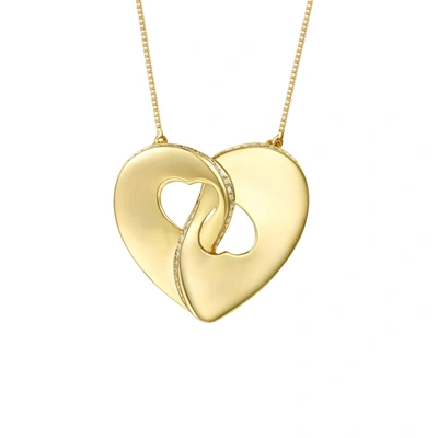 Rachel Glauber Rg Large 14k Gold Plated With Diamond Cubic Zirconia Modern Double Heart Half Cut-out Entwined Neckl