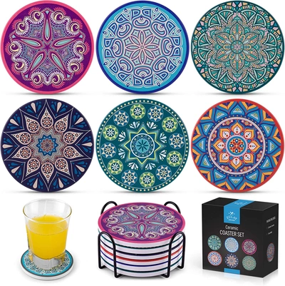 Zulay Kitchen Set Of 6 Mandala Absorbent Ceramic Stone Coasters For Drinks In Multi