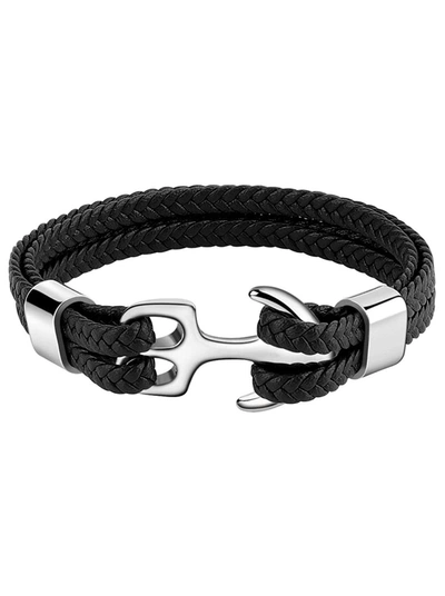 Stephen Oliver Silver Anchor Multi Starnd Black Leather Bracelet