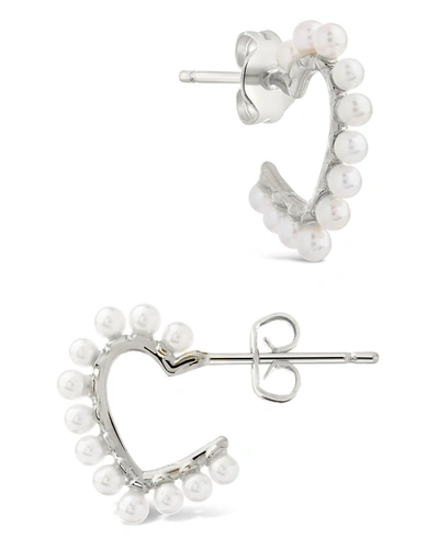 Sterling Forever Rhodium Plated 2.3mm Pearl Heart Hoops In Silver