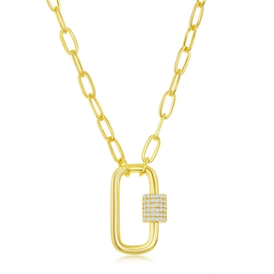 Simona Sterling Silver Micro Pave Cz Oval Carabiner Paperclip Necklace In Gold