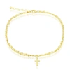 Simona Sterling Silver Double Strand Mirror Chain W/ Cross Charm Anklet - Gold Plated In White