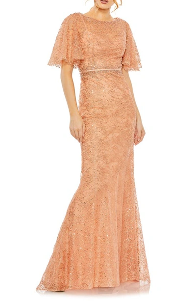 Mac Duggal Beaded Embroidered Flutter Sleeve Trumpet Gown In Cinnamon