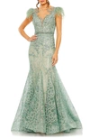 Mac Duggal Embellished Feather Cap Sleeve Illusion Neck Trump In Sage