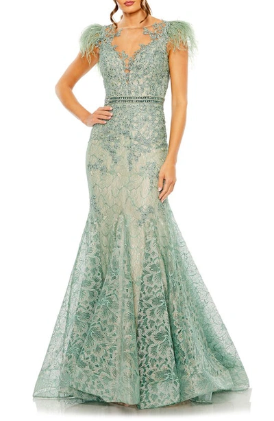 Mac Duggal Embellished Feather Cap Sleeve Illusion Neck Trump In Sage