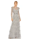 Mac Duggal High Neck Flutter Cap Long Sleeve Tiered Embellish In Platinum