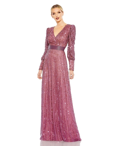 Mac Duggal Sequined Wrap Over Bishop Sleeve Gown In Mauve