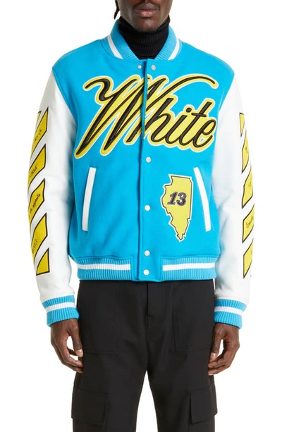 OFF-WHITE LEATHER & VIRGIN WOOL BLEND VARSITY JACKET