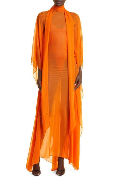 Laquan Smith Sweeping Sheer Dolman Sleeve Gown In Orange