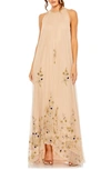 Mac Duggal High Neck Embellished Trapeze Gown In Beige Gold
