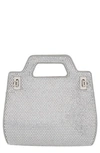 Ferragamo Mini Wanda Crystal Embellished Suede Top Handle Bag In White Grey