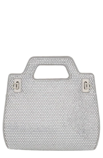 Ferragamo Mini Wanda Crystal Embellished Suede Top Handle Bag In White Grey