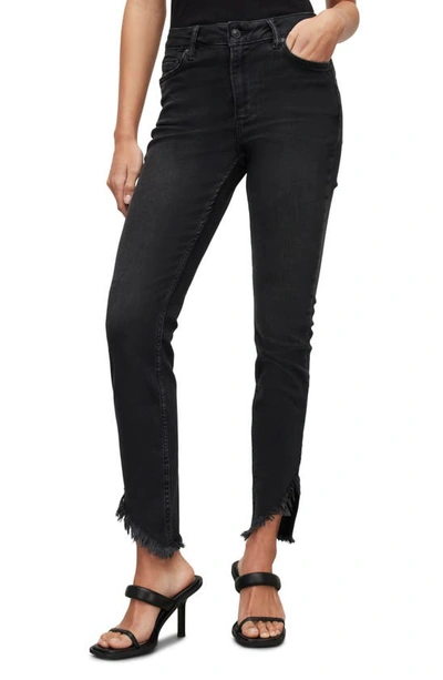 Allsaints Dax Frayed Asymmetric Hem Skinny Jeans In Washed Black