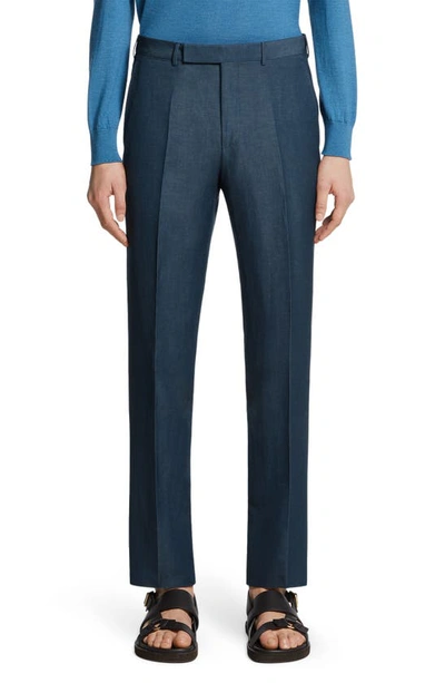 Zegna Trofeo Wool & Linen Pants In Dark Teal Blue