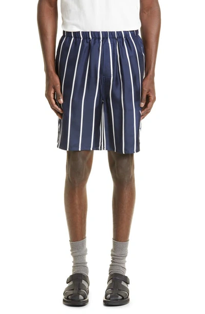Ami Alexandre Mattiussi Stripe Silk Shorts In Marine Blue
