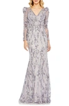 Mac Duggal V-neck Embellished Puff Sleeve Gown In Lilac