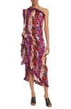 DRIES VAN NOTEN FLORAL STRIPE PATCHWORK ONE-SHOULDER DRESS