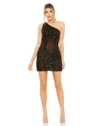 MAC DUGGAL ONE SHOULDER SHEER HAND BEADED MINI DRESS