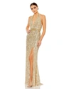 Mac Duggal Sequined Halter Strap Trumpet Gown In Gold Nude