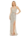 Mac Duggal Embellished Bead And Sequin Halter Strap Trumpet Gown In Silver Nude
