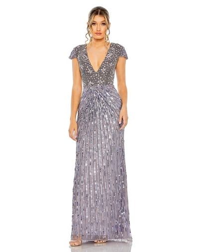 Mac Duggal V Neck Cap Sleeve Embellished Gown In Heather