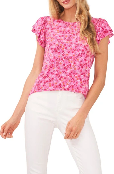 CECE FLORAL DOUBLE RUFFLE SLEEVE TOP
