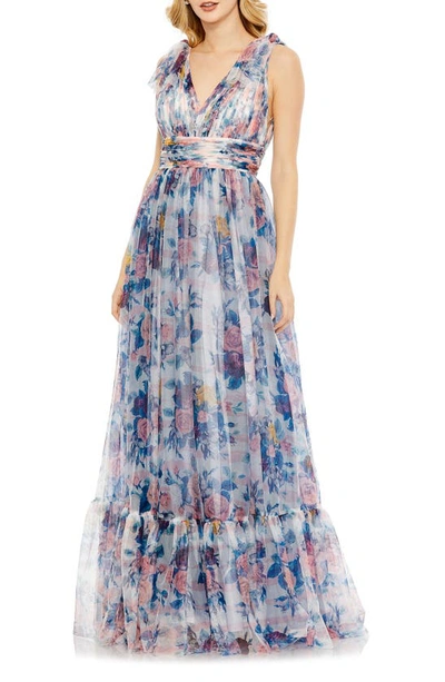Mac Duggal Floral Print Ruched Soft Tie Sleeveless Gown In Blue Multi