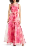 ELIZA J FLORAL ILLUSION NECK ORGANZA BALLGOWN