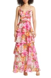 Eliza J Spaghetti Strap Floral Print Gown In Hot Pink