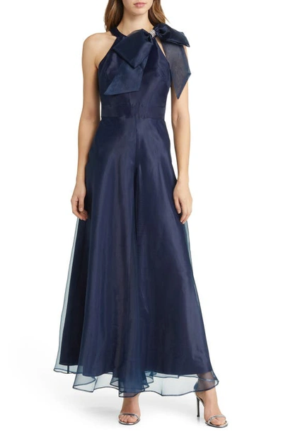 Eliza J Bow Detail One-shoulder Taffeta Jumpsuit In Navy