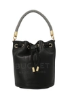 Marc Jacobs The Leather Bucket Black Handbag With Drawstring And Front Logo In Hammered Leather